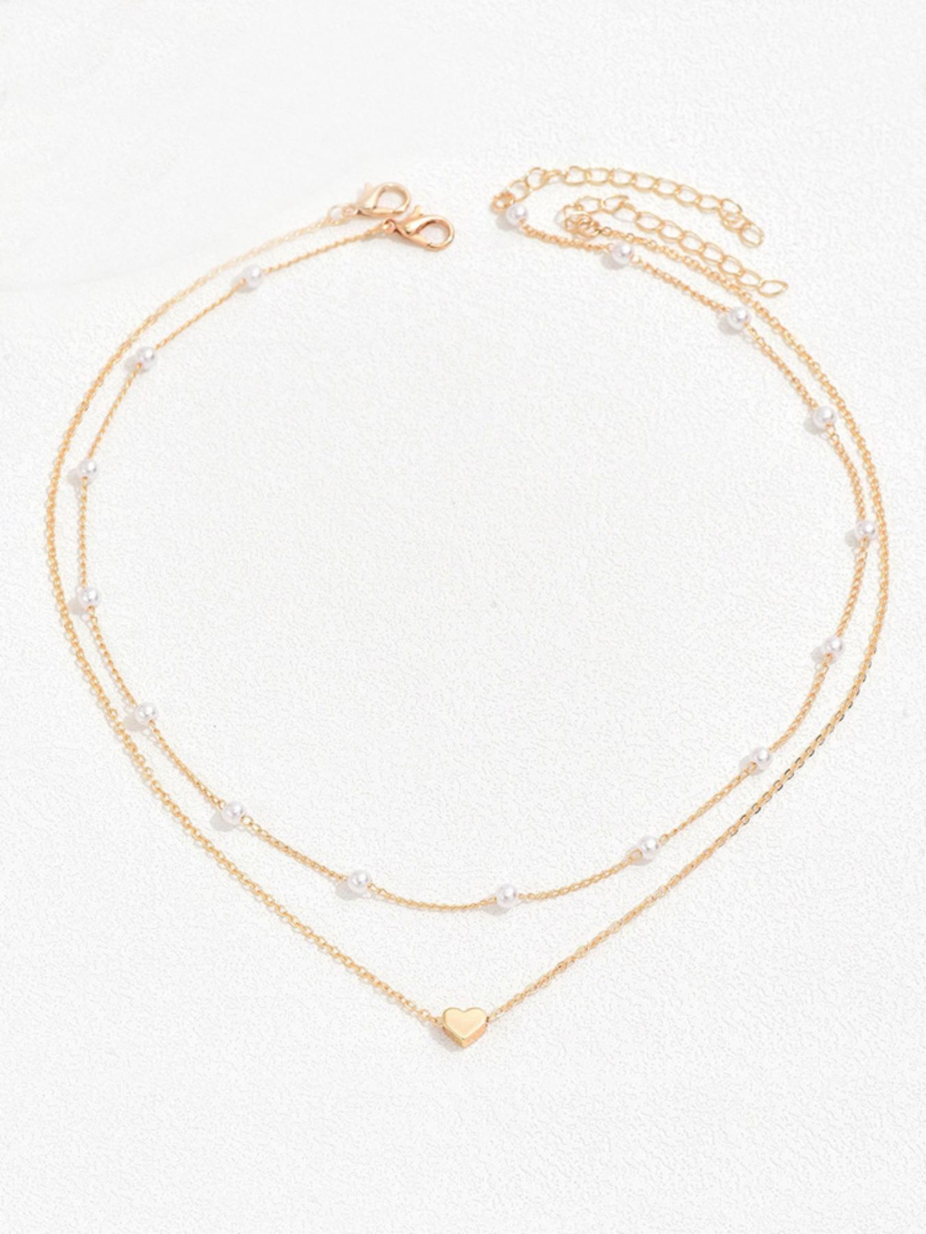 2pcs Women's Faux Pearl Heart Decor Chain Necklace, Daily Clothing Decor for Girl, Elegant All-match Fashion Accessories for Daily Wear, Without Box
