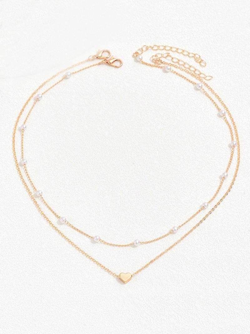 2pcs Women's Faux Pearl Heart Decor Chain Necklace, Daily Clothing Decor for Girl, Elegant All-match Fashion Accessories for Daily Wear, Without Box