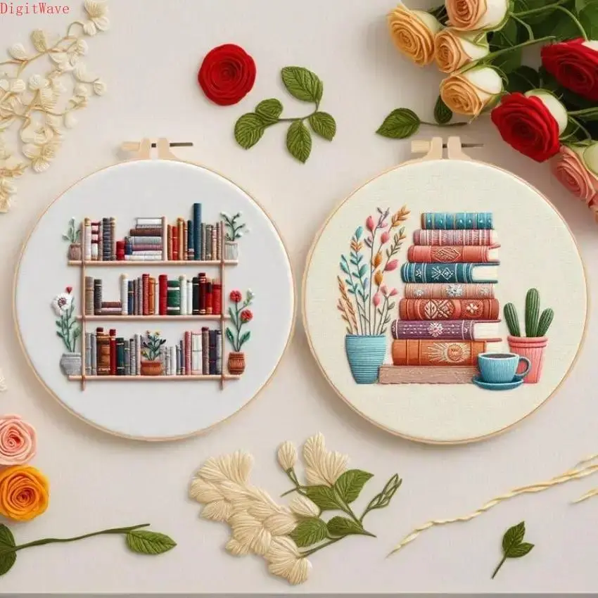Hand Embroidery Kit for Beginners with Potted Flowers and Book Motif, Complete Needle Crafts Set on Printed Cotton Fabric with 8-Inch Hoop and Thread, Flower Embroidery, Needle Crafts Kit, Arts And Crafts, Embroidery Thread
