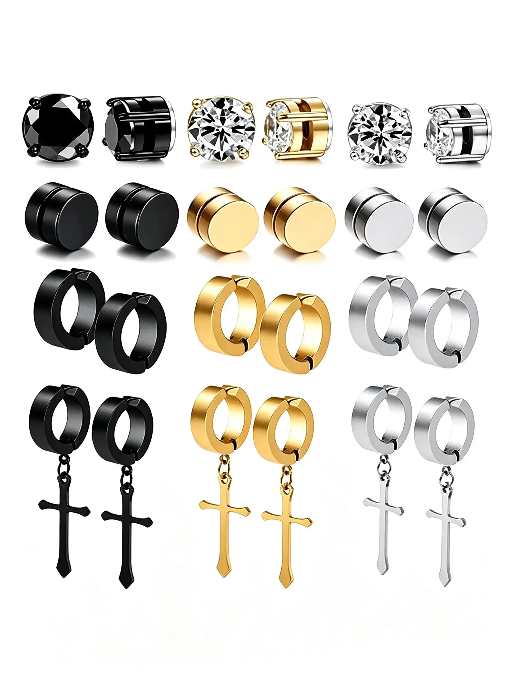 Magnetic Earring Set 12Pairs 4Pairs, 316L Hypoallergenic Stainless Steel No Piercing Clip On Earrings for Men Women, Cross Dangle Huggie Hoop Cylinder Round Zircon Stud Fake Earrings Punk Gothic Daily Jewelry Gift Stainless Steel Hoops