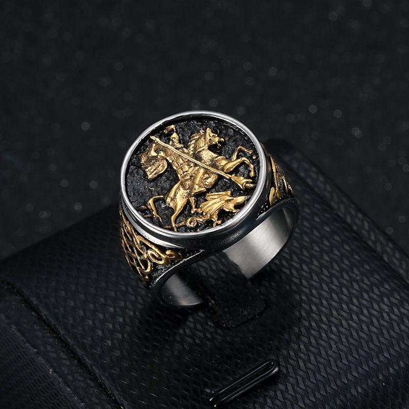 [FLAME] Stainless Steel Vacuum Gold Plated Saint George Dragon Slayer Knight Ring Vintage Medieval Warrior Symbol Gothic Hip Hop Biker Statement Jewelry for Men