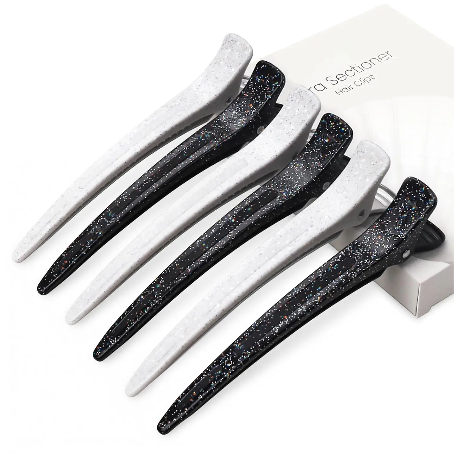 Extended Sectioning Hair Clips w/-in  Band, 4.8" No-Crease Non-Slip Hair Styling Clips for Thick, Curly Hair –Blow Drying, Hair Rollers, Rust-Free – 6 Pack, Glitter Duckbill Clips