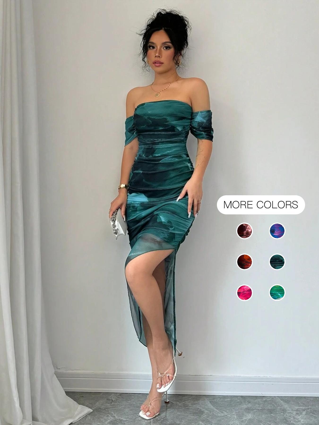 Women's All Over Print Off Shoulder Mesh Breathable Slit Dress, Elegant Chic Fashion Casual Dress for Party Club Dating Wear, Women Dress for Summer