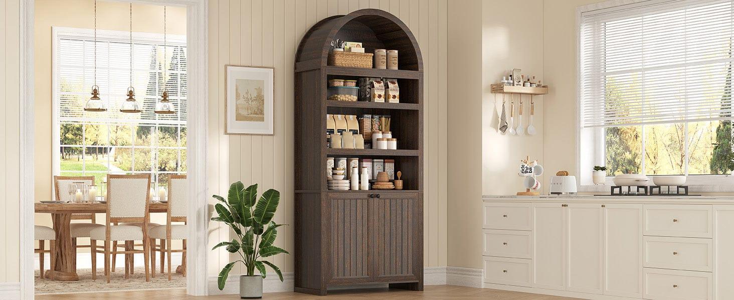 81 Inches Tall Arched 6-Tier Bookcase with Door Walnut