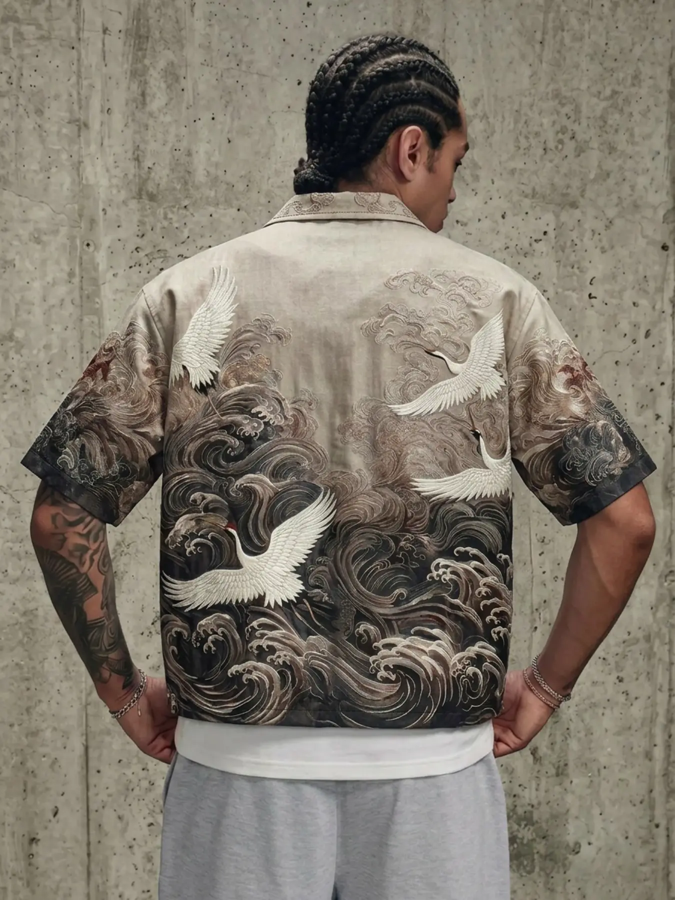 Men's Summer Digital Print Landscape Crane Short Sleeve Shirt | Loose Comfortable Casual Top | Versatile Vacation Streetwear Shirt for Men