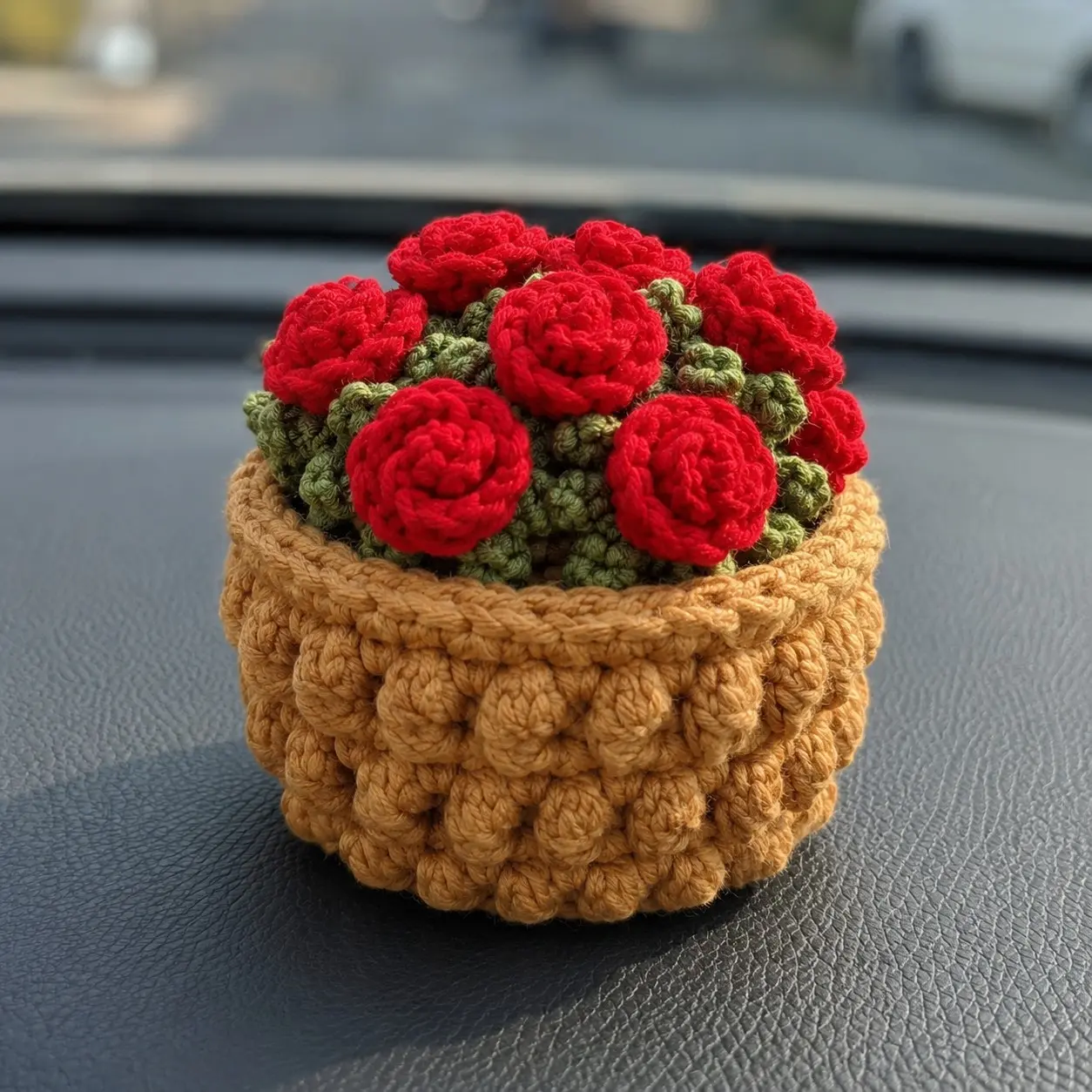 2-in-1 Handmade Crochet Coaster Set, Cute Rose Flower Potted Plant Desk Ornament, Knitted Drink Cup Mat with Storage Basket, Artificial Floral Decor for Office Home, Creative Gift for Women