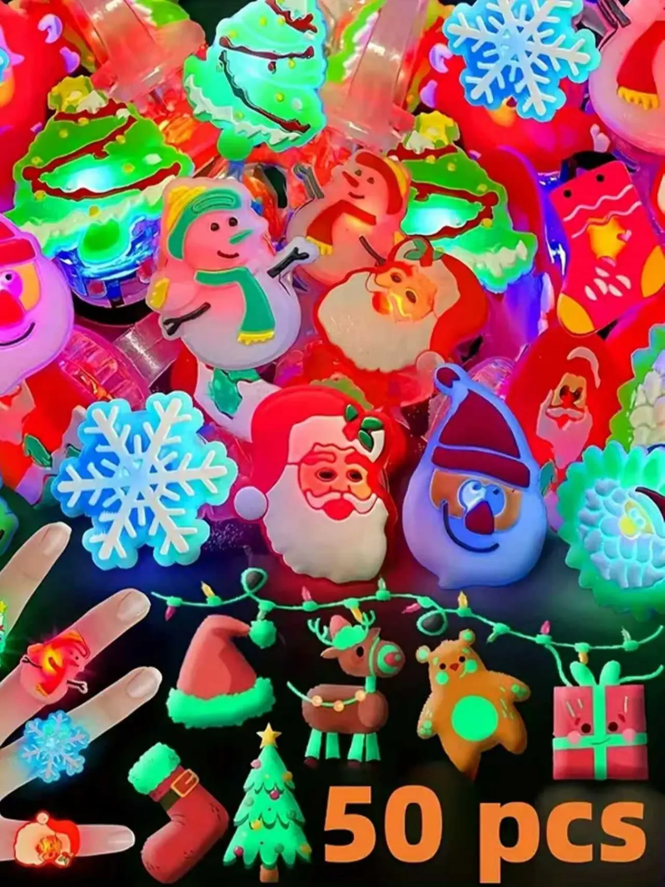 50 Pcs 3D Glow Ring Toys, Christmas Party Gifts, Flashing Light-Up Rings, Filler Socks, Best Christmas Gift Ideas