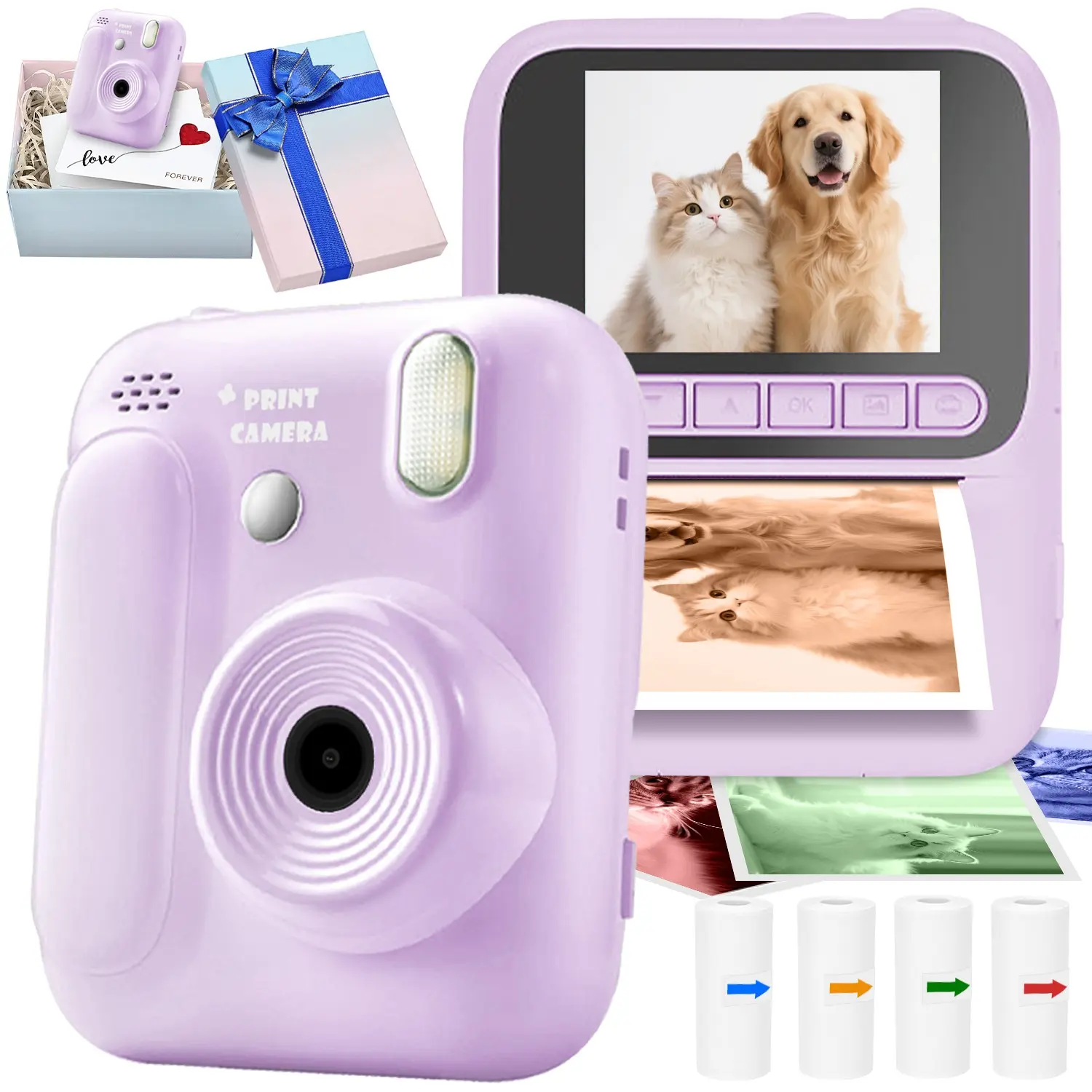 Instant Print Camera, Mini 48mp Ultra-Clear Photos, Lightweight Portable, 1080P HD Video, 8x Zoom, Timelapse, Gift Box, 4 Color Papers, 1300mah Battery