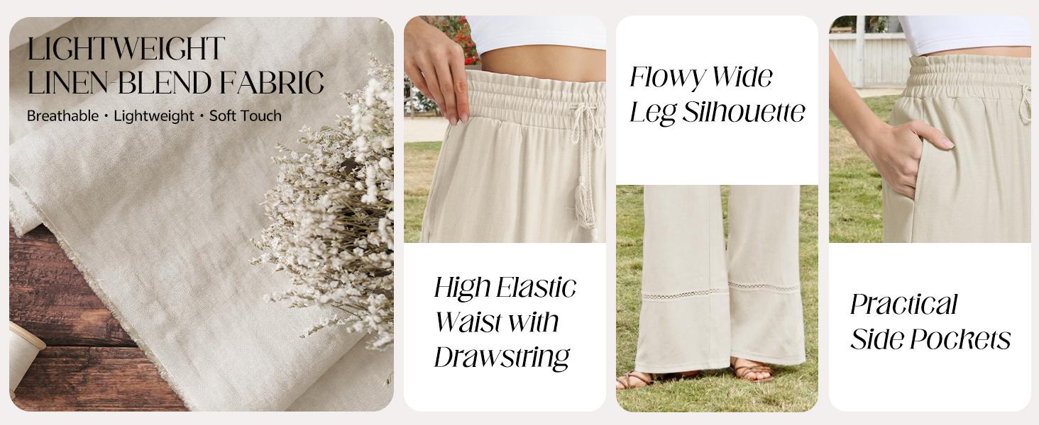 Sarin Mathews Womens Wide Leg Linen Pants High Waisted Drawstring Palazzo Casual Summer Beach Pants with Pockets