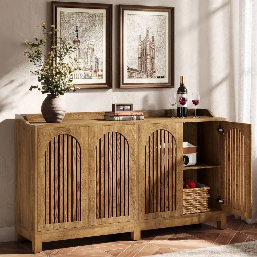 57"l x 13.8"w x 33.4" Rustic Brown Farmhouse MDF Wood Buffet Cabinet - 83 lb Arched Large Size Long Sideboard with Storage Doors, Adjustable Shelves for Dining Room, Living Room