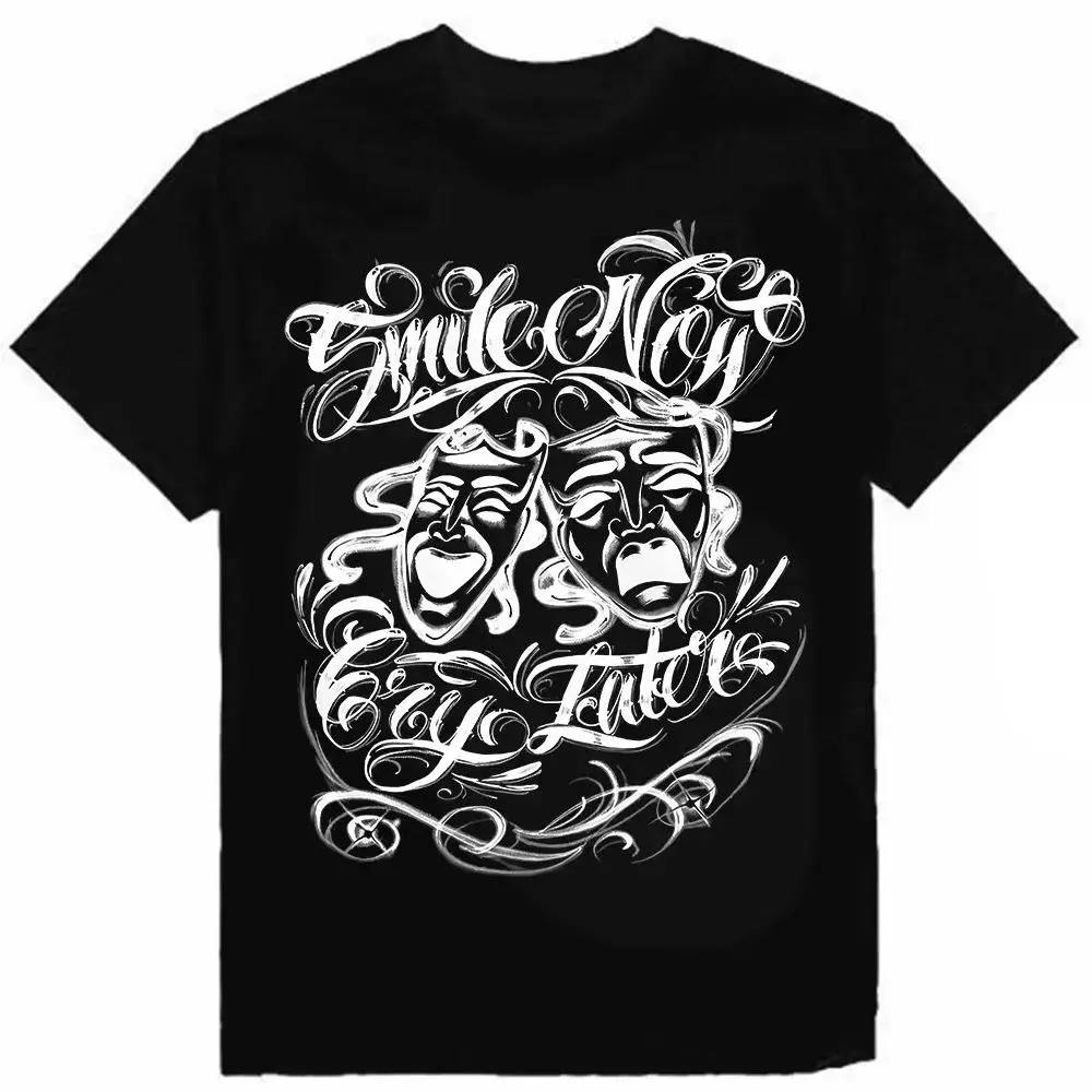 Smile Now Cry Later Black White Graphic Tees, Gangster Clothes, Chicanos Clothing, Mens Clothing,Men's Short-Sleeve Sports T-Shirt