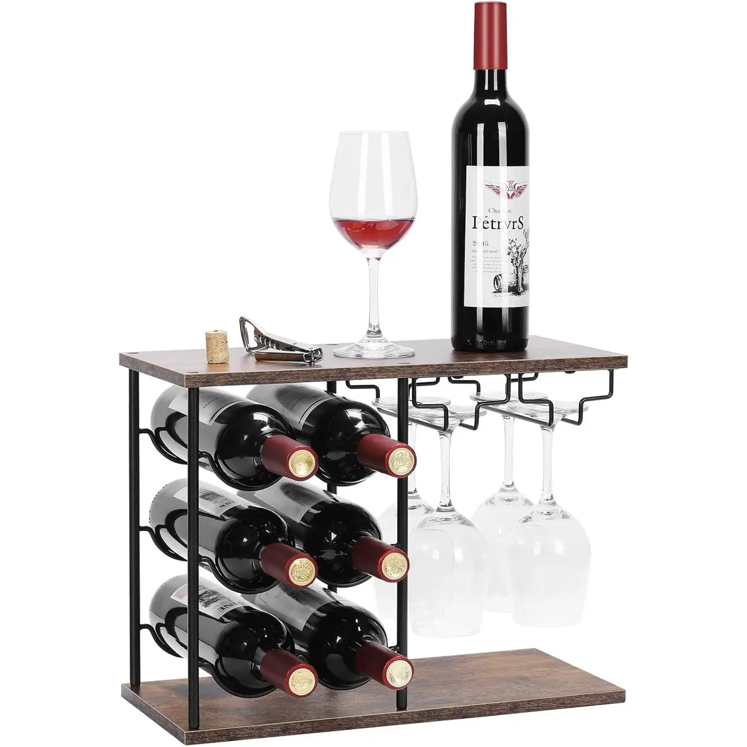 Wood & Metal Countertop Wine Rack with Glass Holder - Freestanding Single Unit, 6-Bottle Capacity, Holds 4 Glasses (Holds 6+4), Minimal Setup, Retro Look, for Home Bar Tabletop