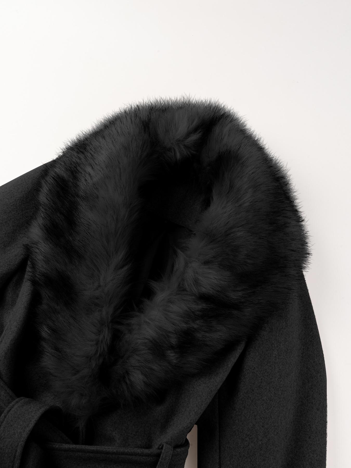 Women's Fall Winter Mid-Length Solid Color Coat, Warm Fitted Coat with Fur Collar, Waist Belt & Pockets, Casual Style, Jackets