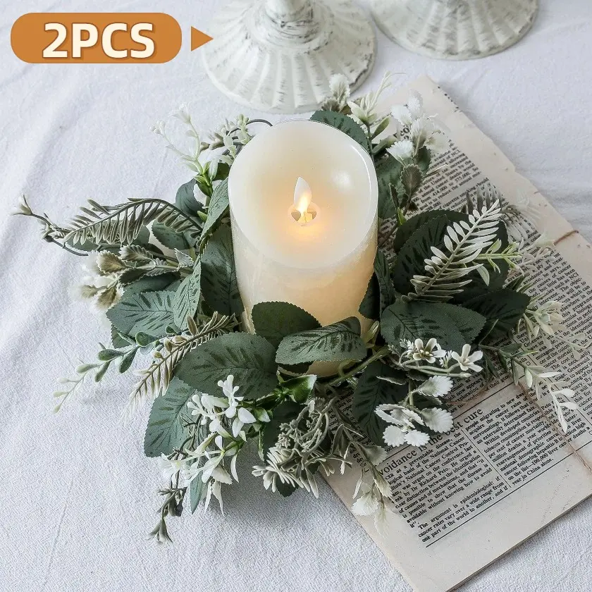 2 Pcs Artificial Plant Scented Candle Holders, Table Decorative Base, Floral Ring, Dining Table Decoration, Candle Holders For Table Centerpiece