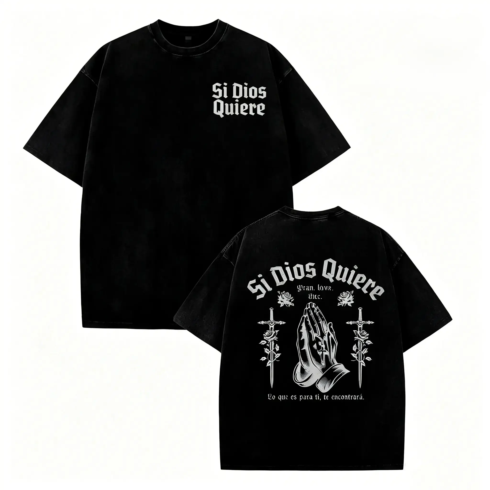 Men's Heavyweight Batik Cotton T-Shirt - Spanish Religious Prayer & Our Lady of Guadalupe Print, Loose Fit Short Sleeve Casual Streetwear, Catholic Faith Apparel Gift for Family Gatherings  Christian  clothing