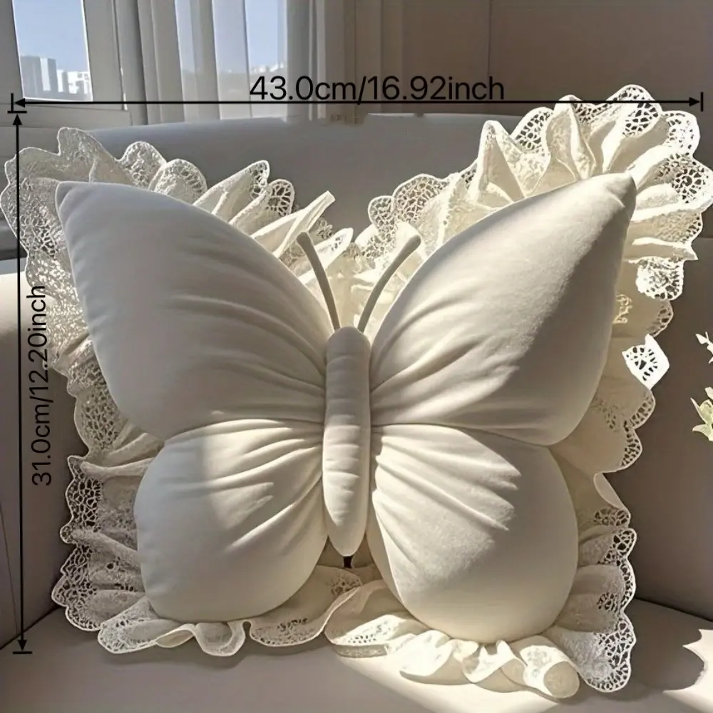 Elegant Butterfly Design Pillow, Lace Trim, Velvet Fabric, Polyester Fill, Ideal for Bed, Sofa, Office, Perfect Gift