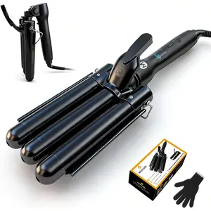 3 Barrel Curling Iron 1 Inch Ceramic Tourmaline Hair Waver Wand with LCD Temperature Display, Fast Heating Foldable Hair Crimper for Travel, Glove Included (Black)