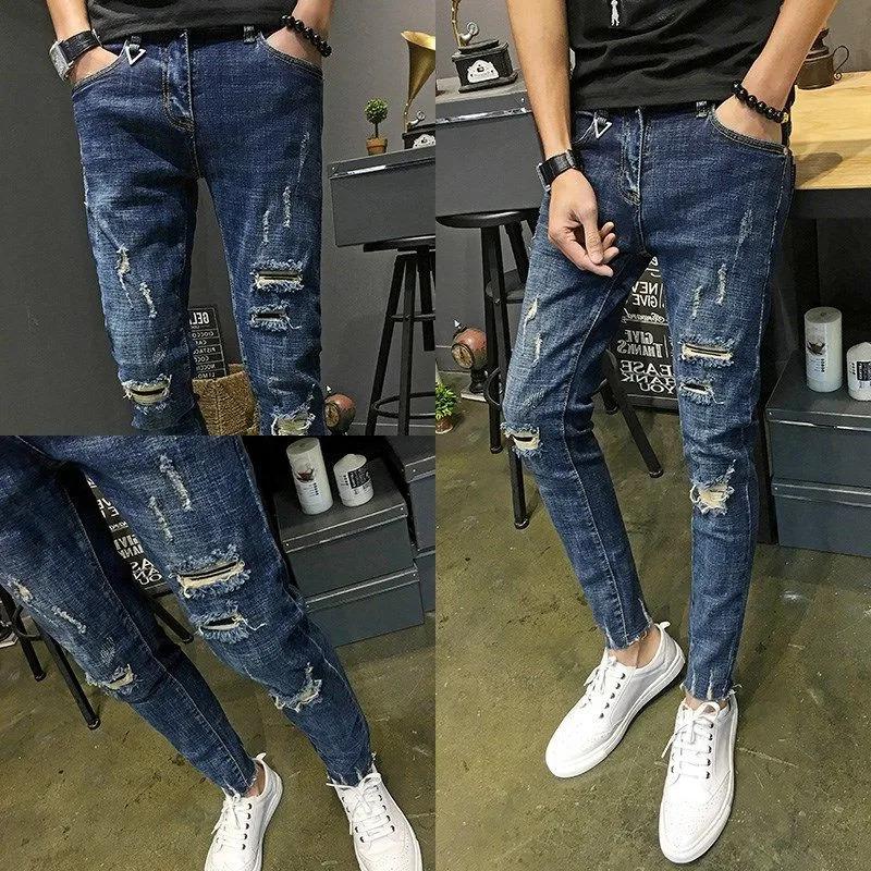 Retro Japanese Style Men's Slim Fit Jeans Spring Summer Trendy Brand Hole Punching Nine Points Casual Fashionable Jeans