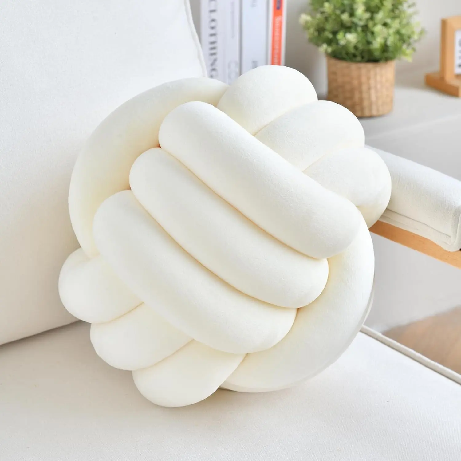 Knot Pillow Ball Milky White 8 Inch Small Decorative Throw Pillow | Velvet Spandex,, Round Knotted Cushion, 1 Count, Styled Gifts for Sofa, Couch, Chair or Bed Room Home Decor