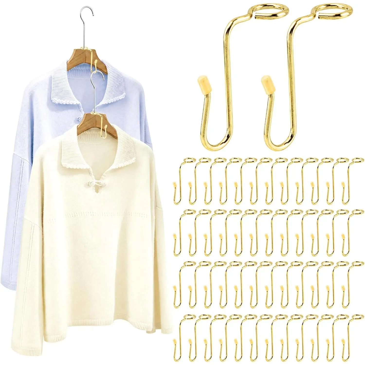 50pcs Clothes Hanger Connector Hooks, Metal Hanger Extender Hooks Stable Clothes Connector for Different Cloth Hangers, Space Saving for Wooden Velvet Metal Plastic Hangers (Gold)