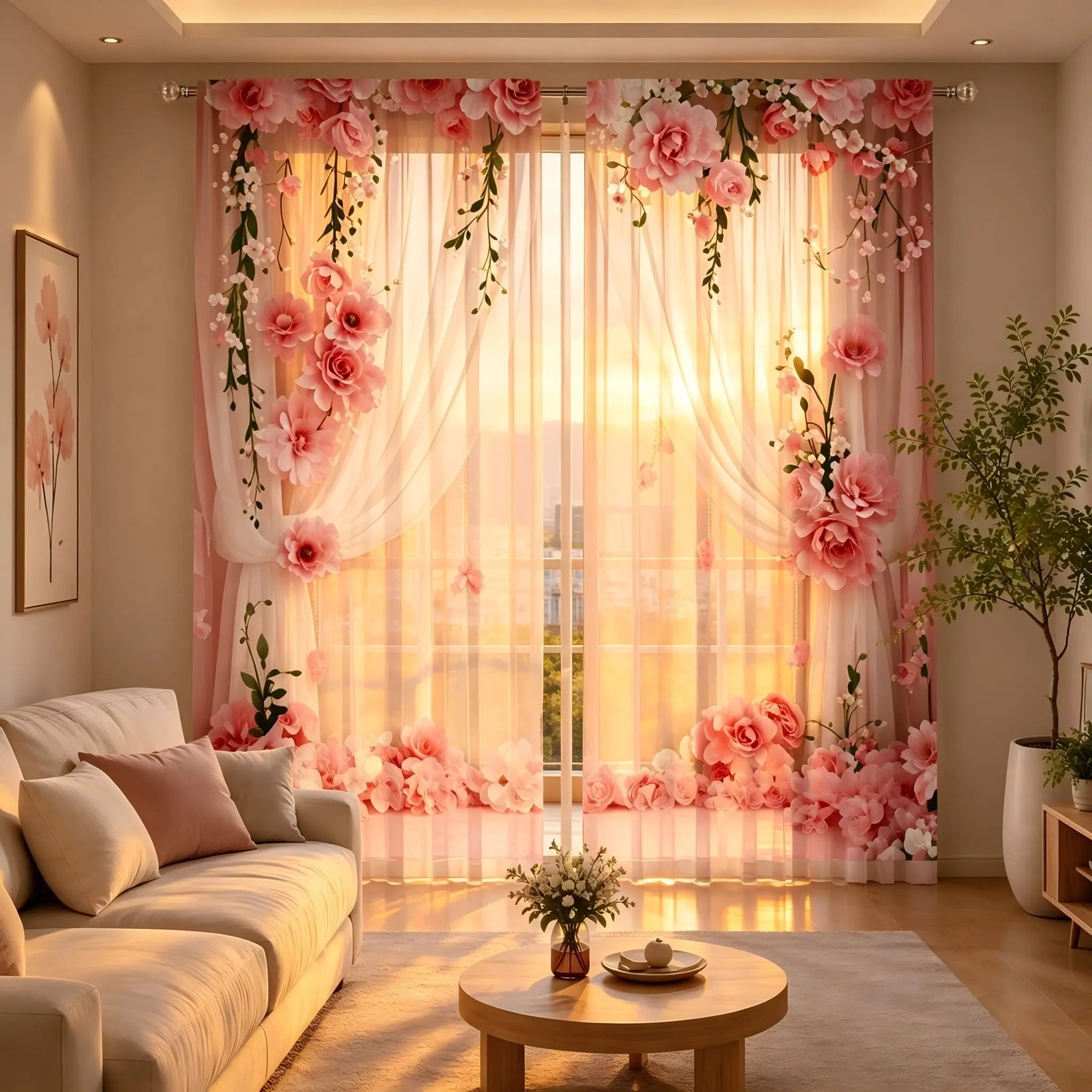 2-Pack Floral Sheer Curtains, Romantic Rose Vine Print, Bedroom Drapes, Lightweight Translucent Fabric, Elegant Home Decor, Window Curtain