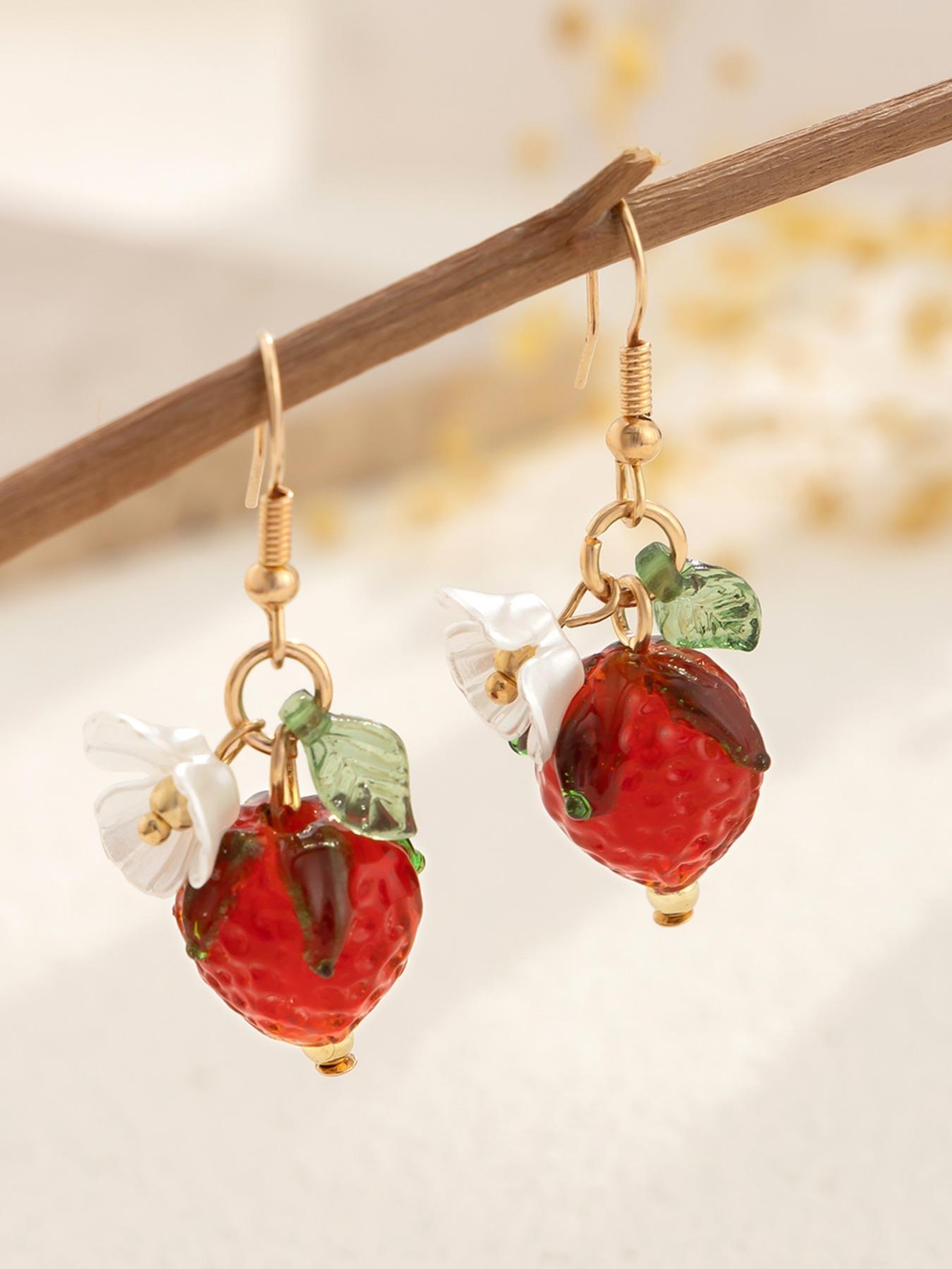 Cute Strawberry Design Dangle Earrings for Women & Girls, Fashion Floral Drop Earrings, Cute Summer Jewelry Accessories, Fruit Veggie Earrings