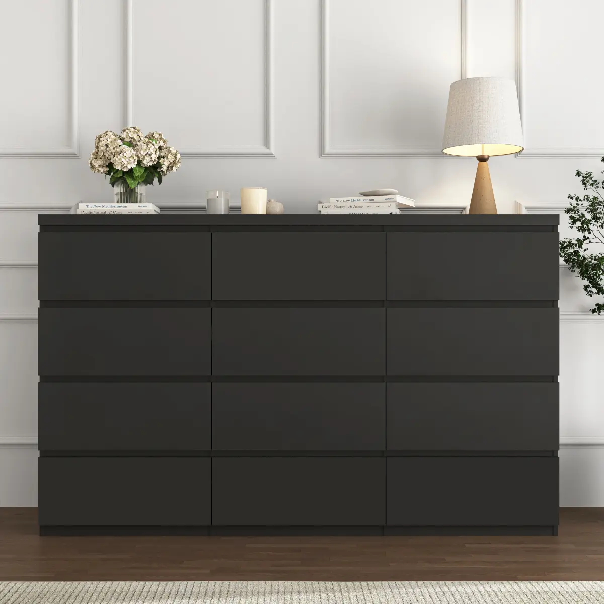 12-Drawer Double Modern Wood Dresser, 62.99"l x 15.74"w x 35.58"h Bedroom Dresser Chest with Large Storage, 138.00 lbs, Includes All Parts and Instructions, Black Indoor Cabinet Furniture