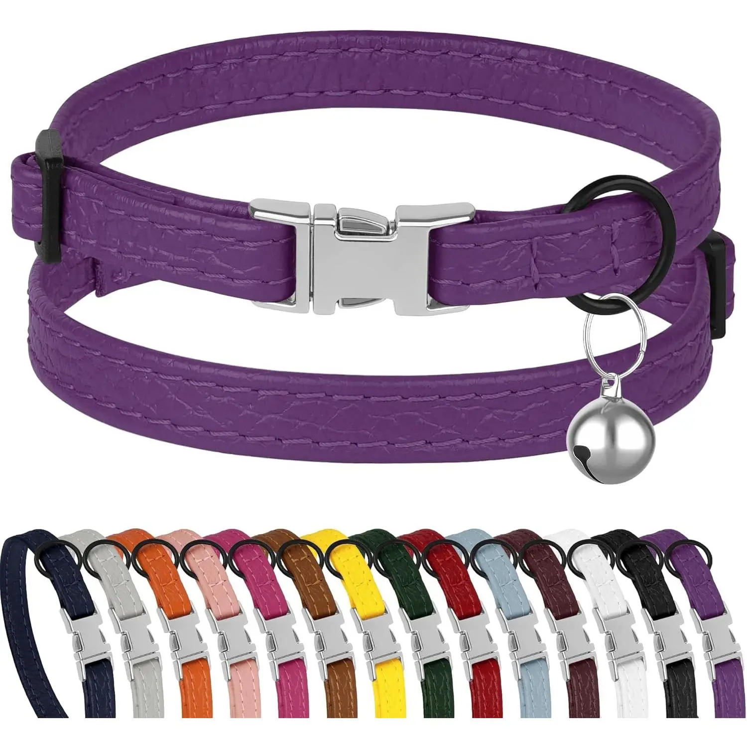 Leather Cat Collar with Buckle, Removable Bell - Adjustable, Soft Non-Breakaway Safety Collar for Cats, Kittens (Purple)