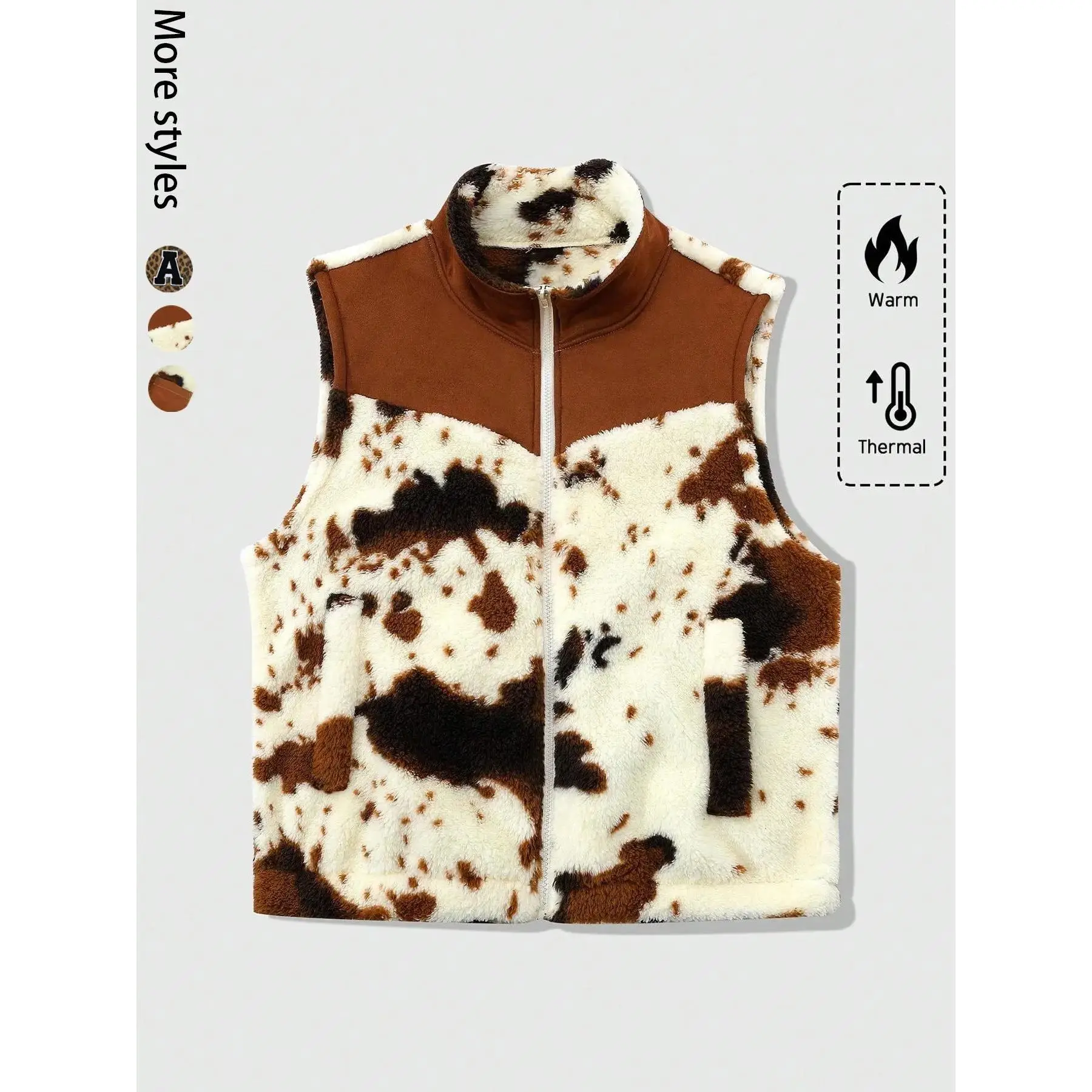 Unisex Street Style Cow Patchwork Vest with Zipper Pockets, Straight Neck Polar Vest, Fall Fashion, Warm Clothing
