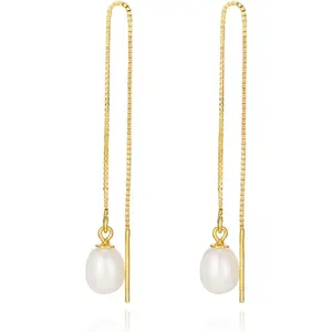 Vermeil Chain Freshwater Pearl Earrings for Women, Gold Threader Earrings, Gold plated on S925 Sterling Silver, Hypoallergenic Thread Through Dangle Earrings
