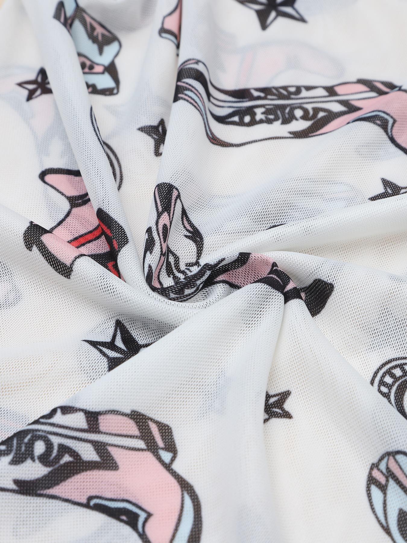 Women's Boot Print Mock Neck Semi-Sheer Bodysuit, Sexy Fashion Long Sleeve Bodysuit for Spring & Fall, Women's Clothes for Daily Wear