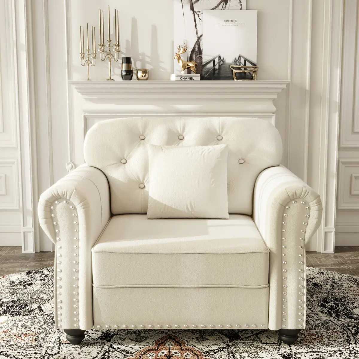 41" Velvet Chesterfield Sofa Chair Armchair Living Room Chair with Rolled Arms & Nailhead Trim, Modern Upholstered 1-Seater Button Tufted Couch with High Resilience Cushion & 1 Pillow, Easy Assembly, for Living Room,Beige/White