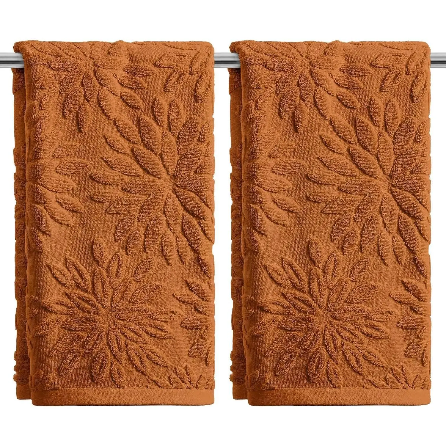 2 Pcs Caramel 3D Dahlia Floral Hand Towels for, Cotton Soft Absorbent Decor Towels, 13.7 x 29.5 Inch