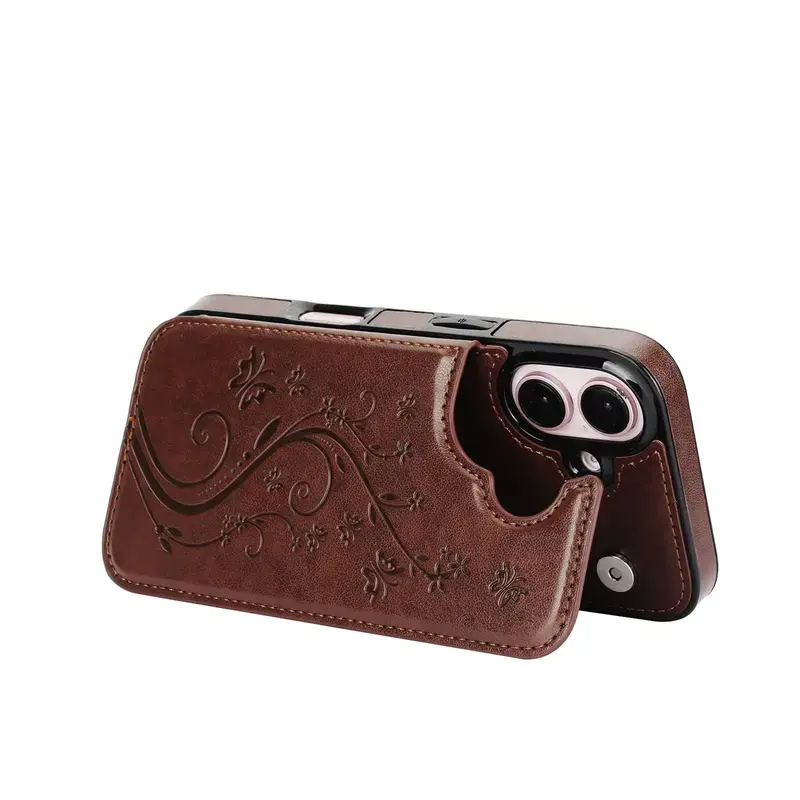 Brown Retro Shockproof Soft TPU Back Cover Rubber Wallet Case For iPhone 17 Pro Max Air 17 16 15 14 13 12 Pro Max 16 15 14 Plus / Pro Case Magnetic Clasp PU-Leather Butterfly Flower Pattern ID Card Slots Stand Function Autumn Durable Gift