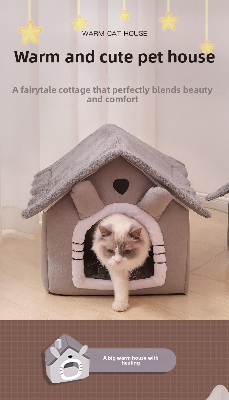 All-Season Warm Enclosed Cat House Villa Washable Removable Cover Cozy Pet Nest Warm Cave Bed for Cats Small Dogs