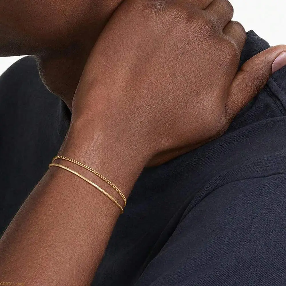 2PCS Men's Stainless Steel Double Layer Cuban Link Bracelets, Cool Punk Non-Tarnish Wristband, Trendy Hip Hop Layered Wrist Jewelry Gift for Bag Accessories Charms