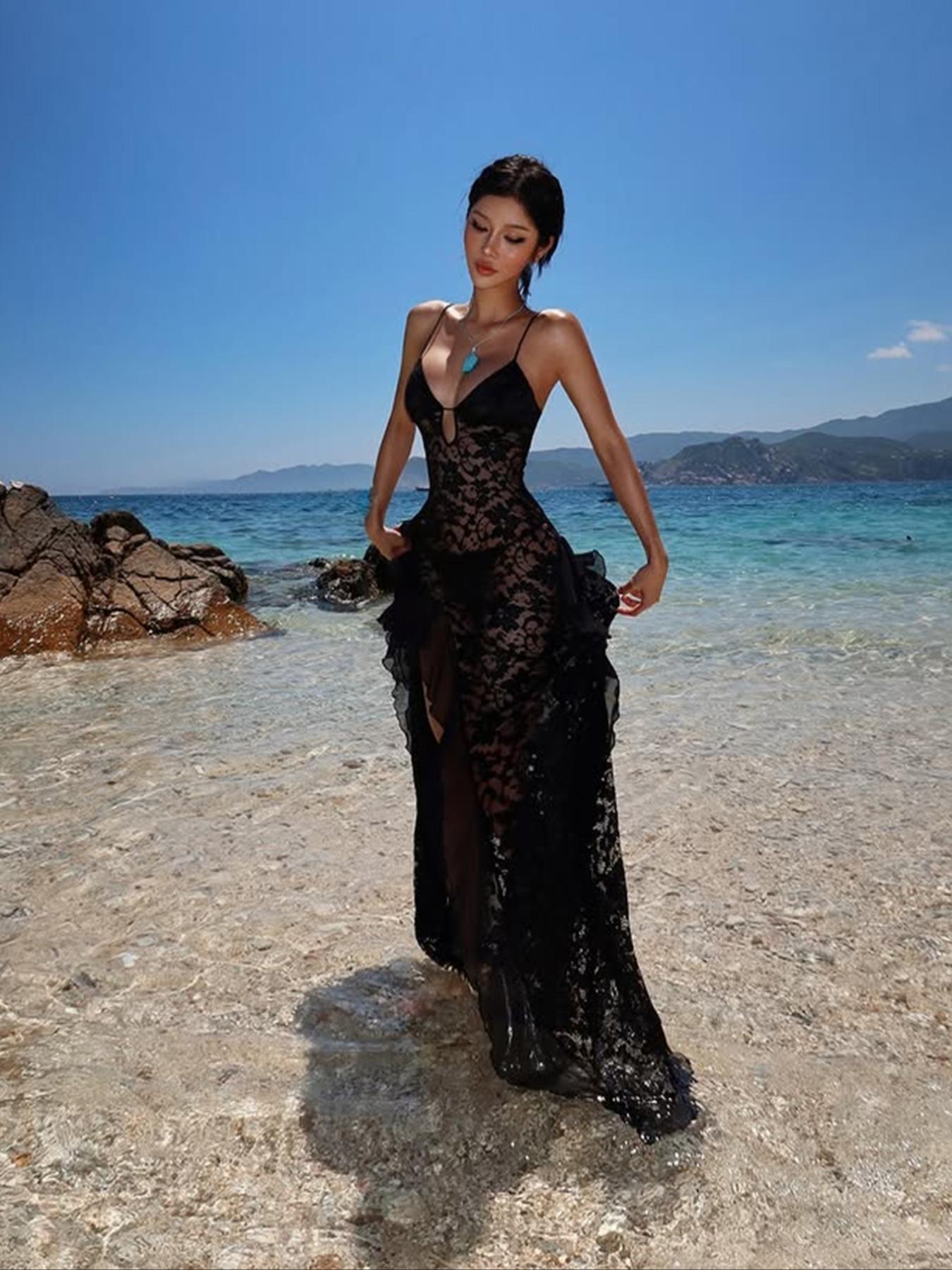 Women's Sexy Sheer Black Lace Plunge Neck Spaghetti Strap Maxi Dress with Side Slit|Plunge Neck & Side Slit for Beach PartyHalloweenautumnfally2k outfit,club outfits women sexy,black lace dress,concert rave outfits,Elegant Party Dress - Women's Sexy Sheer Black Lace Plunge Neck Spaghetti Strap Maxi Dress with Side Slit|Plunge Neck & Side Slit for Beach PartyHalloweenautumnfally2k outfit,club outfits women sexy,black lace dress,concert rave outfits,Elegant Party Dress -