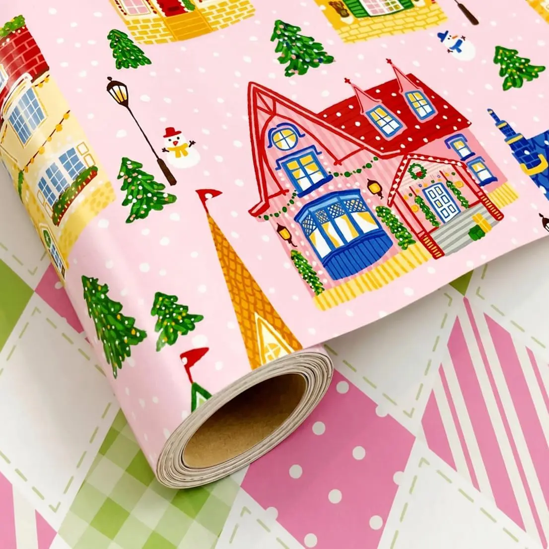Colorful Christmas Wrapping Paper Rolls Set,Girly    Wrap |  Heavy Duty   with House, Town, Snowflake,Reversible, 28.5sq.ft