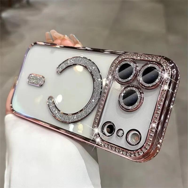 High-grade Glitter Rhinestones Phone Case For iPhone 17 16 15 11 12 13 14 Pro Max Plus Magsafe Magnetic Clear Lens Protect Cover