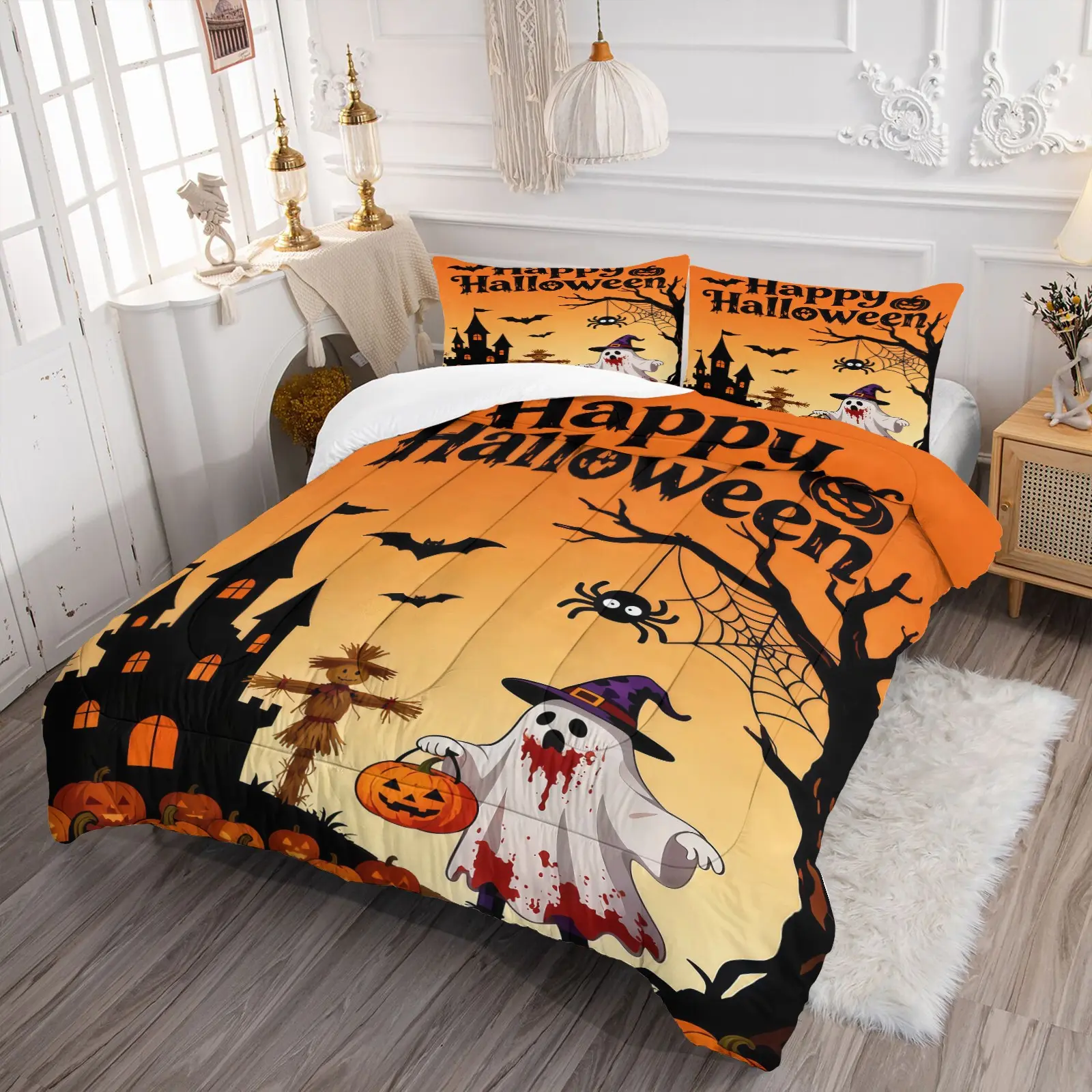 Halloween Themed Bedding Set with Ghost Pattern, Soft Decor for Adult Bedrooms, Great Gift for Friends & Family, Ideal Housewarming & Holiday Present. Includes 1 Quilt and 1 or 2 Pillowcases, Pillow Inserts NOT INCLUDED
