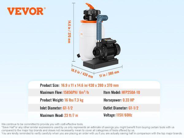VEVOR Sand Pump for Above Ground Pools, 10-inch, 1585 GPH, 0.33 HP Swimming Pool Pumps System & Filters Combo Set with 5-Way Multi-Port Valve & Pressure Gauge, for Domestic and Commercial Pools
