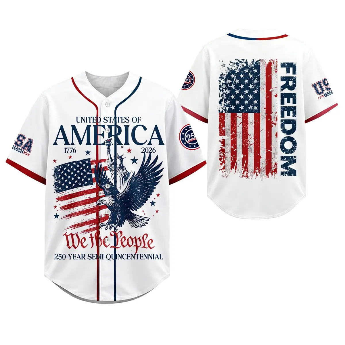 USA Patriotic Baseball Jersey for Men Women, 250-Year Semi-Quincentennial 1776-2026, American Flag Liberty Eagle Print, Fourth of July Outfit, Red White Blue Baseball Shirt, Freedom & Independence Celebration Top