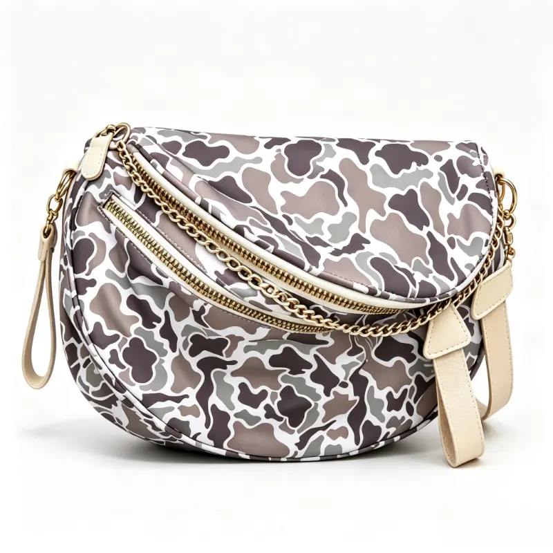 Camouflage Print Crescent Crossbody Bag for Women Fashion ChainDetail Sling Purse Adjustable Strap Casual Daily Travel Shoulder Handbag