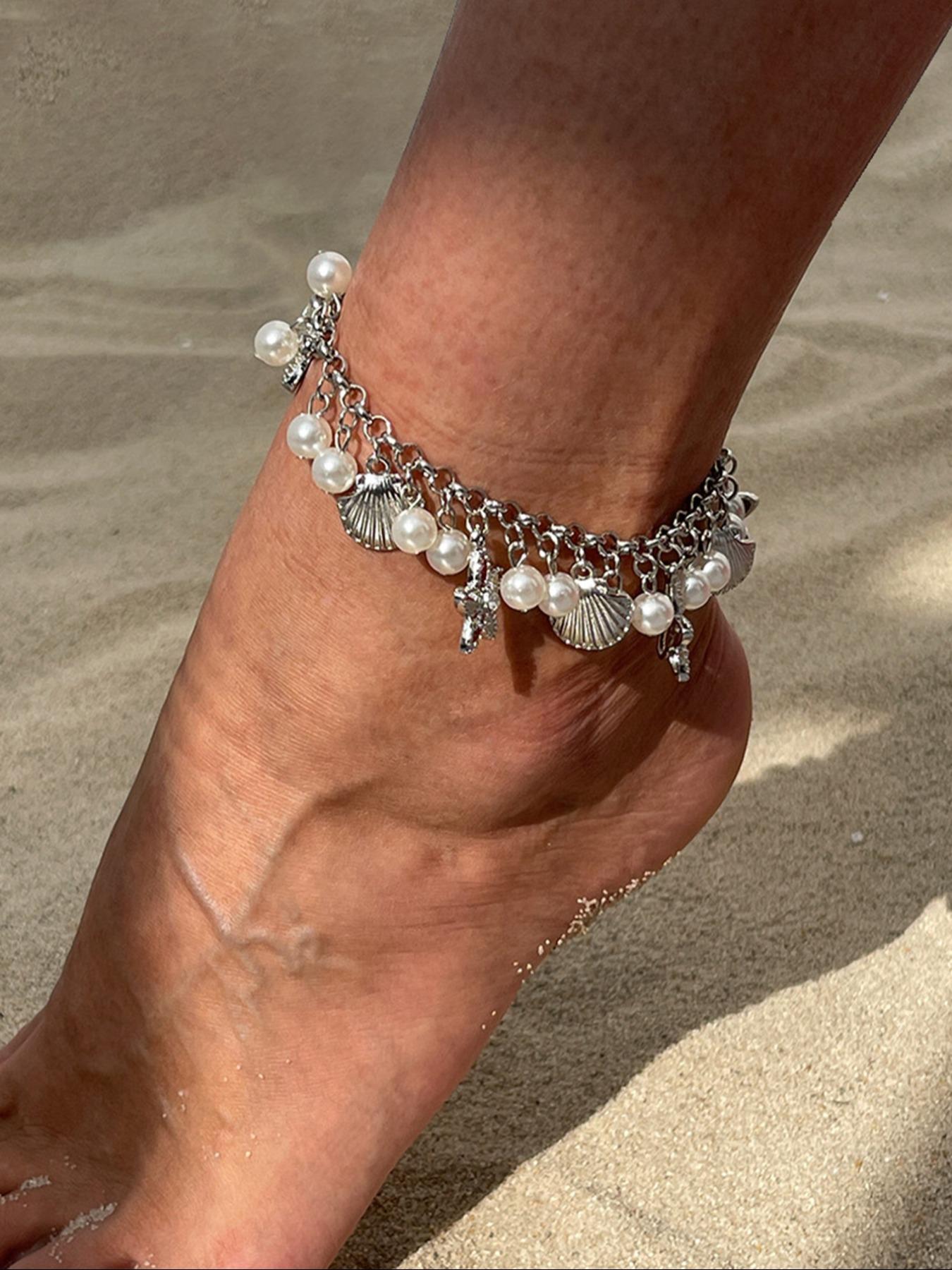Women's Summer Beach Vacation Heart Design Anklet, Fashionable Simple Star Beaded Ankle Bracelet, Multi-Layer Pearl Chain Jewelry