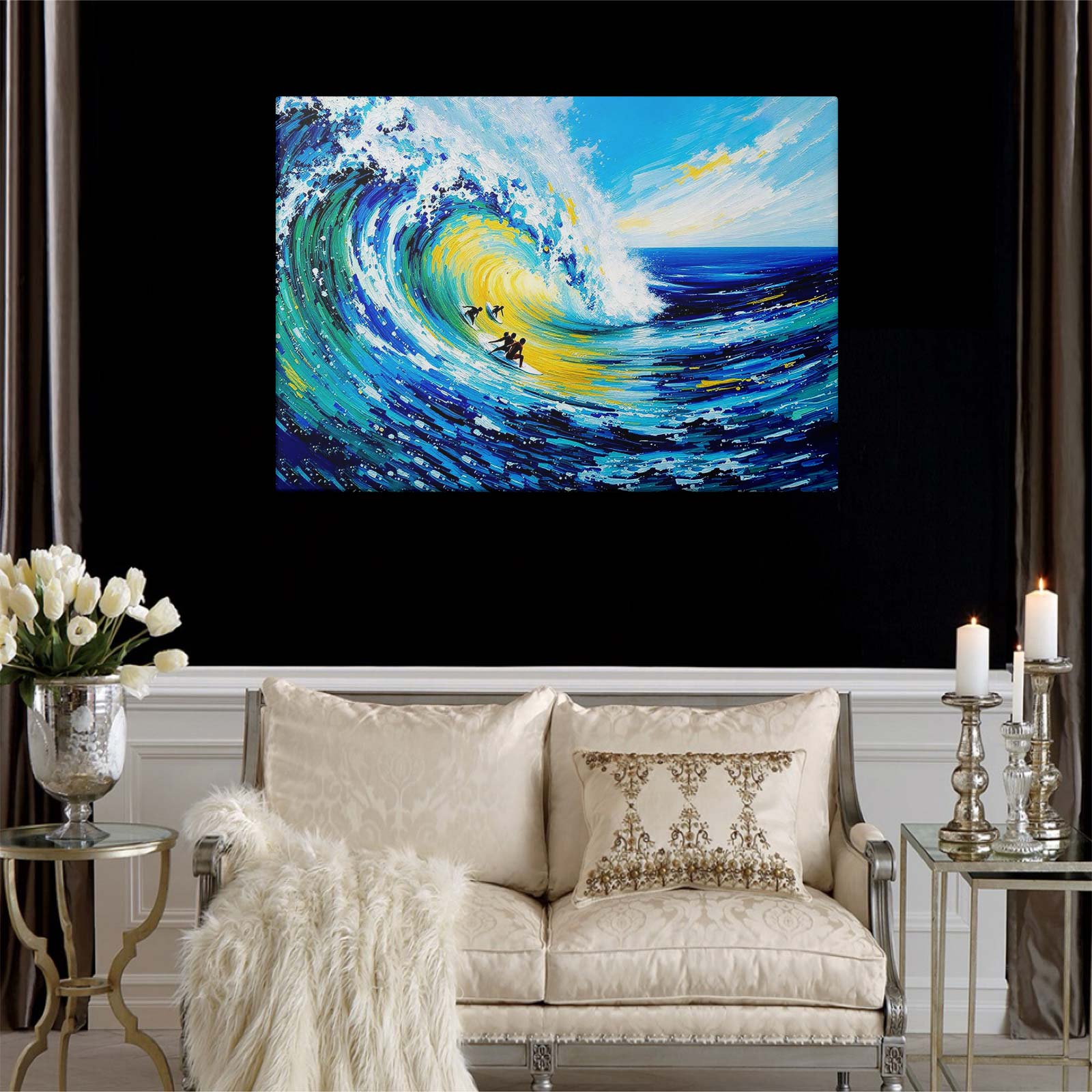 Vibrant Surfing Wave Oil Painting Canvas Wall Art, Colorful Ocean Surf Print, Summer Beach House Decor, Tropical Sea Wave Poster, Unique Surf Lover Gift for Home & Living Room