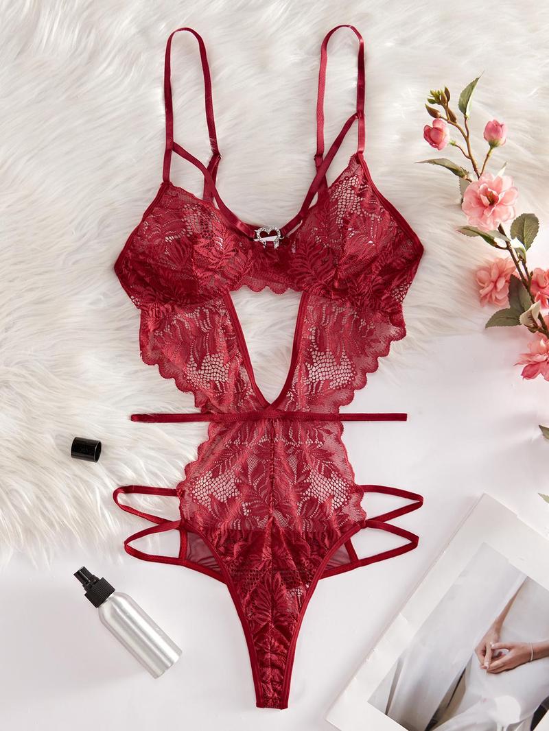 Women's Solid Cut Out Sheer Lace Lingerie Bodysuit, Fashion Comfy Sexy Breathable Push Up Bodysuit for Daily Wear, Women Sexy Lingeries for All Seasons, Lingerie Lace Nightwear, Underwear, Soft Lingerie