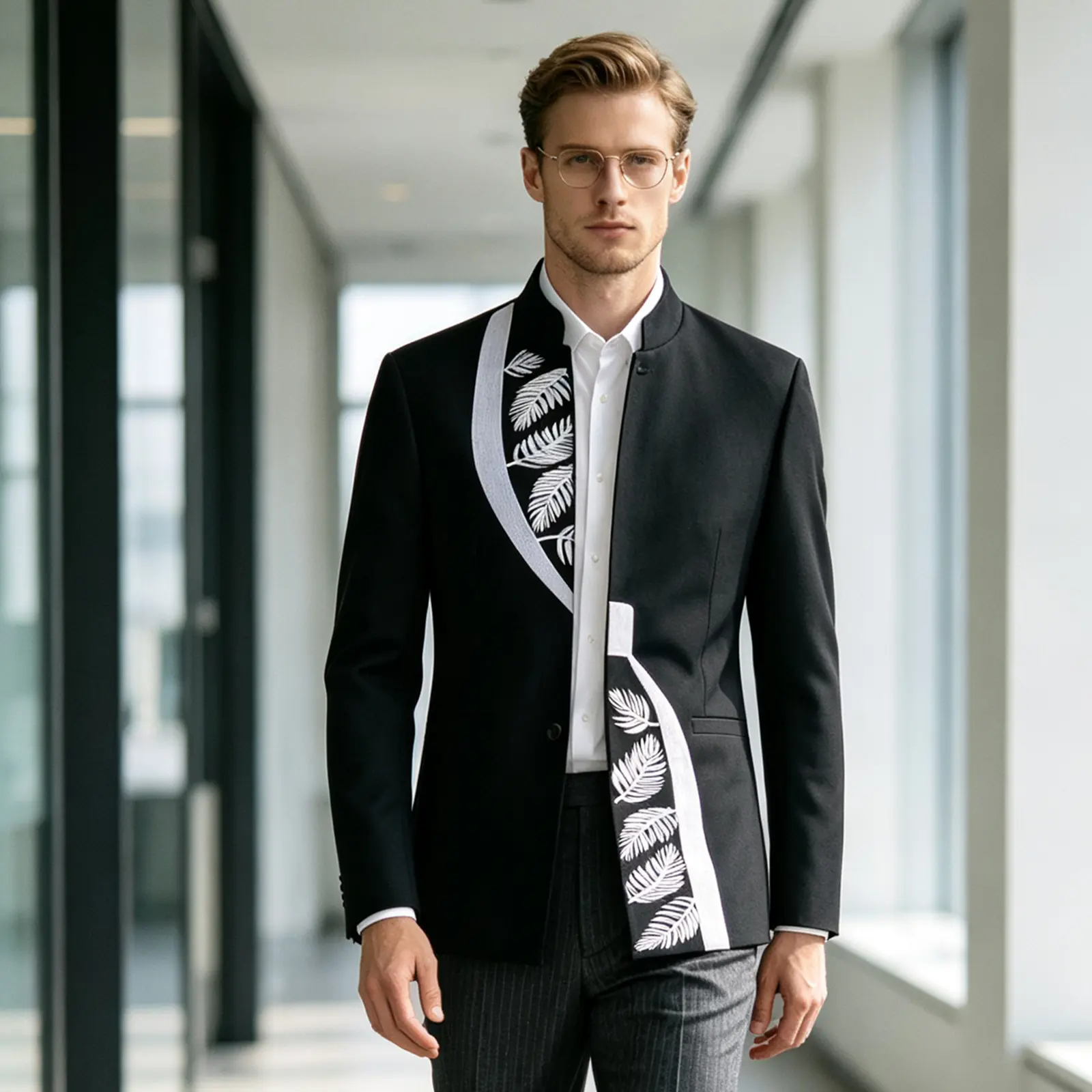Slim Fit Men Formal 2‑Piece Suit, Stand‑Collar Leaf Embroidery Jacket & Black Trousers with Bonus Black Bow Tie for Prom Banquet Blazer Classic Fashion Menswear Blazer