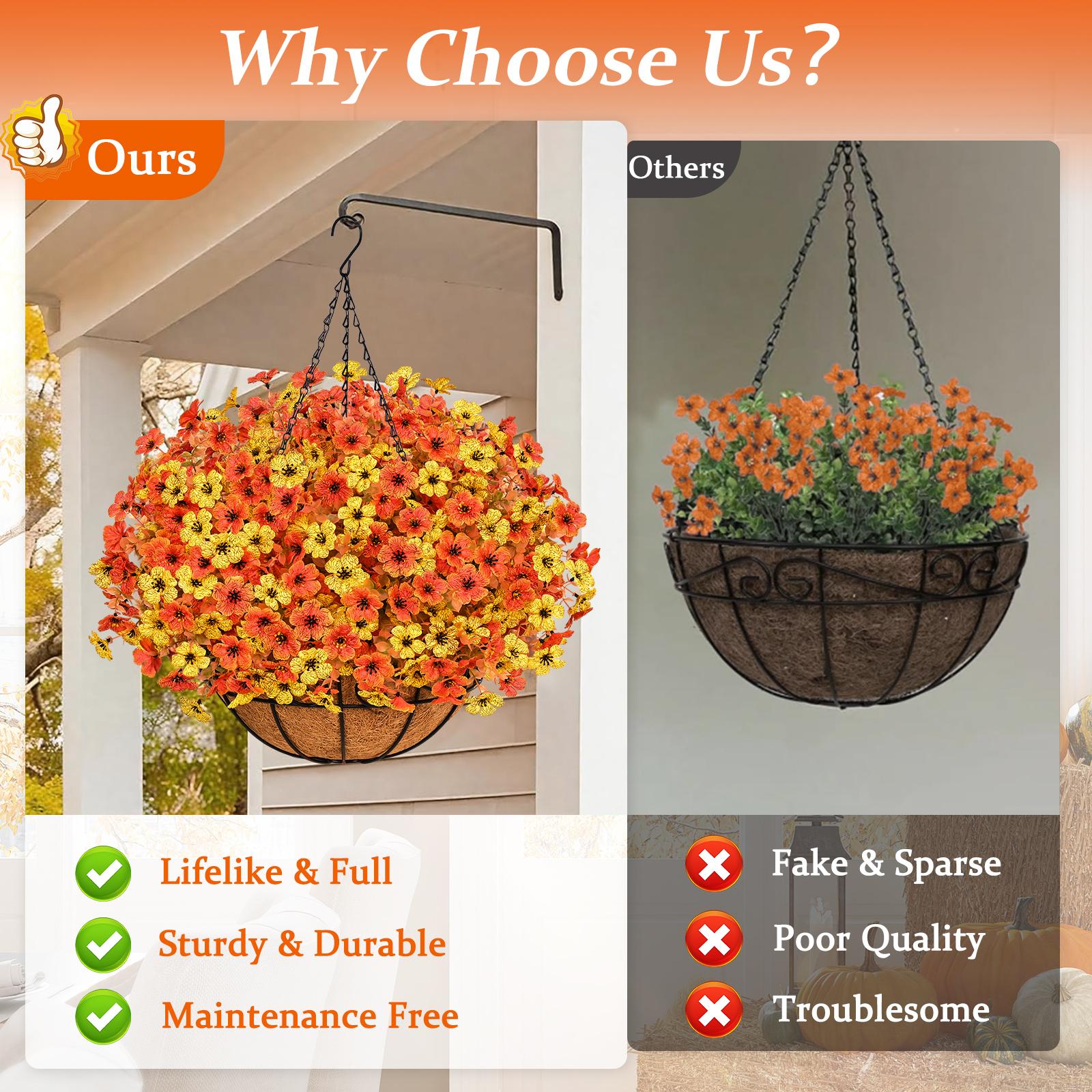 Artificial Fall Hanging Baskets for Outdoors Fake Hanging  Realistic UV Resistant Fall Flowers for Fall Decor Porch Patio Garden Decor OrangeYellow Decorative Fruit Nature Plants Yellow+Orange(12Pcs)