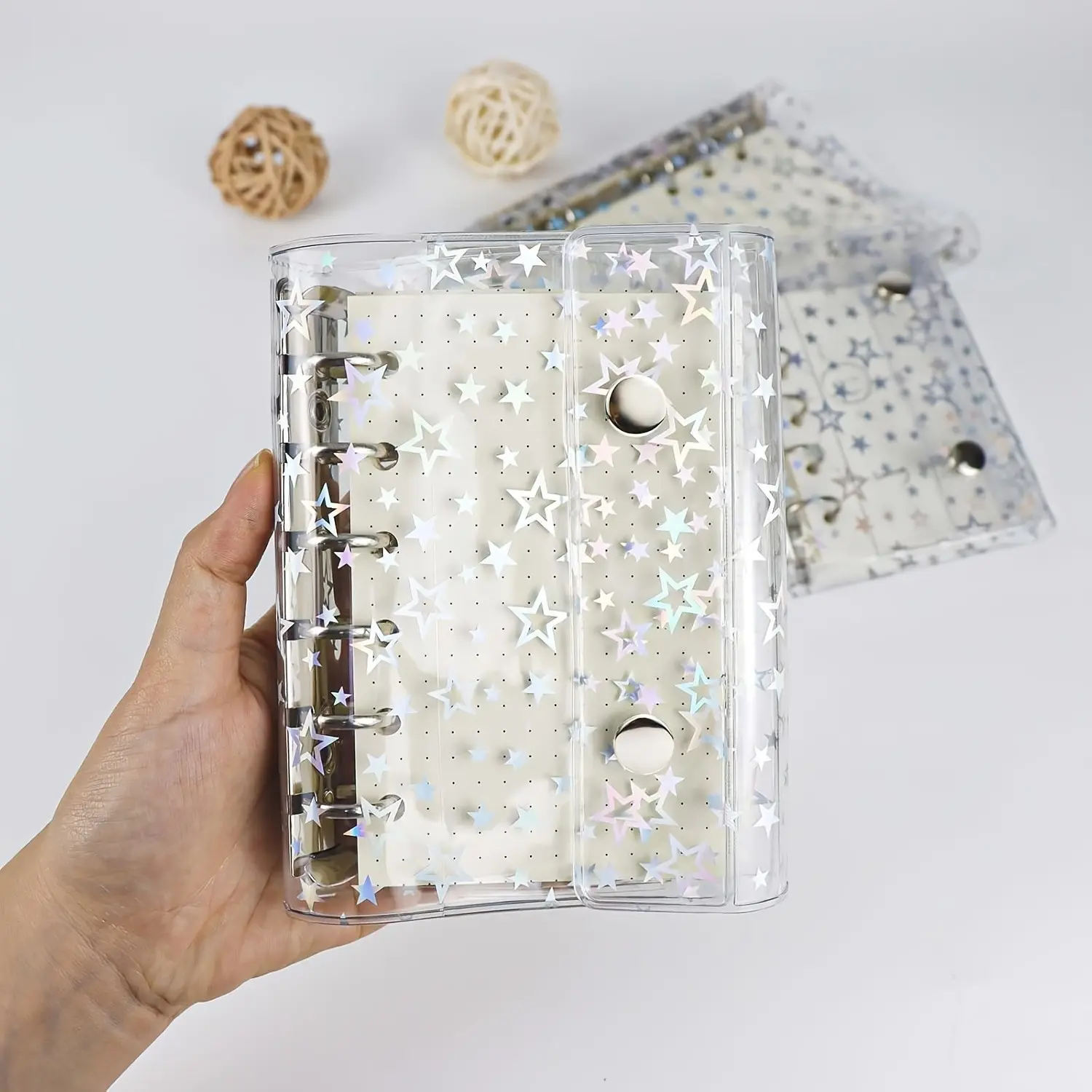 Starlight A7 Transparent Binder, Laser Clear Soft PVC Material, Replaceable A7 Size 6-Ring Dual Clip Closure, Portable File Organizer Notebook