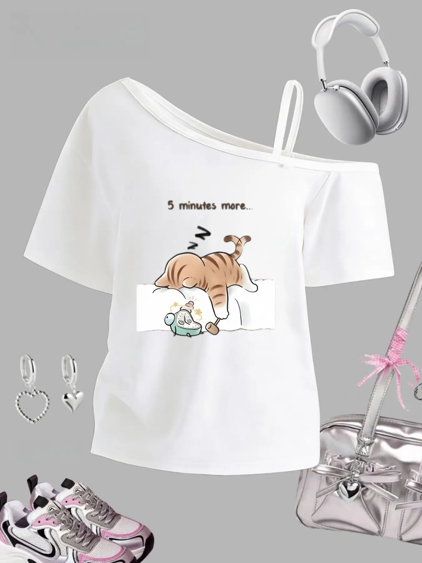 Y2K Style Girls' One-Shoulder Halter Top, Casual Slim-Fit Tee, Random Print, Perfect Gift, Summer 2026 New Arrival, Fashionable and Affordable